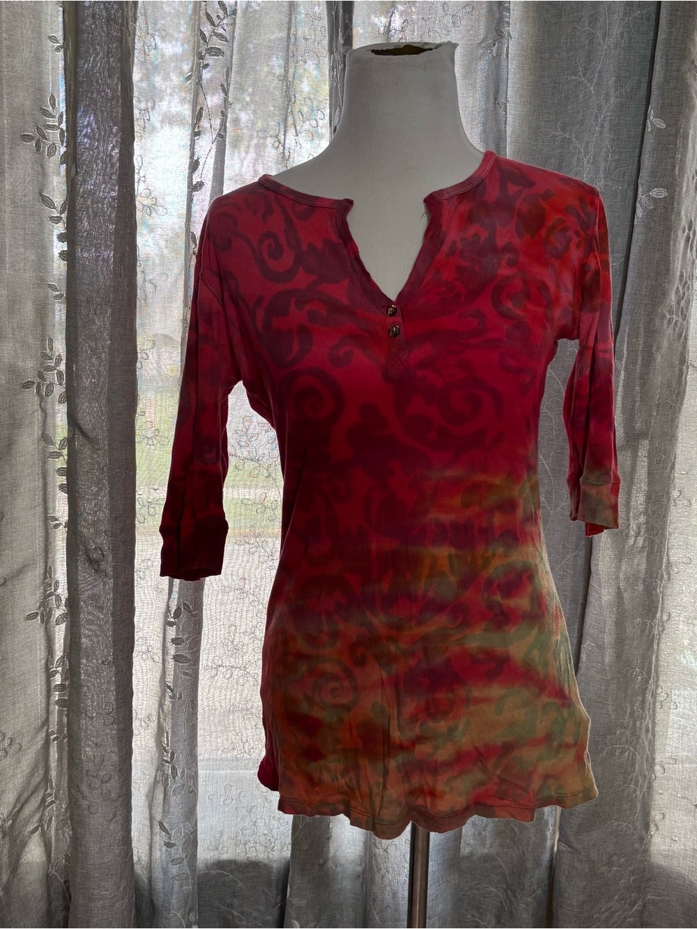 Women’s Red Patterned Henley Top
